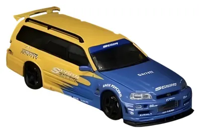 Model de colecție Street Weapon Contemporary: Automobile - Nissan R34 Wagon Spoon, albastru/galben