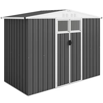 Outsunny Șopron de Grădină cu 4 Guri de Ventilație, 2 Ferestre și Acoperiș Înclinat, 246x117x161/180 cm, Gri Închis | Aosom Romania