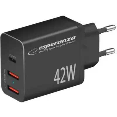 Incarcator de retea Esperanza EZC106K, 42W, 1 x Usb-C PD 30W, 2 x Usb-A 12W, Negru