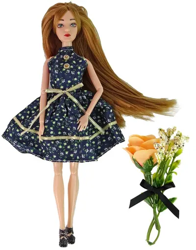 Păpuşă Lean Toys - Emily, cu rochie scurtă cu flori și păr lung, 30 cm