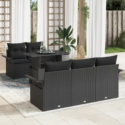 Set canapea gradina Gossi 6 piese cu perne din ratan poly negru, canapea gradina Gossi 2 persoane cu depozitare si perne din ratan poly negru
