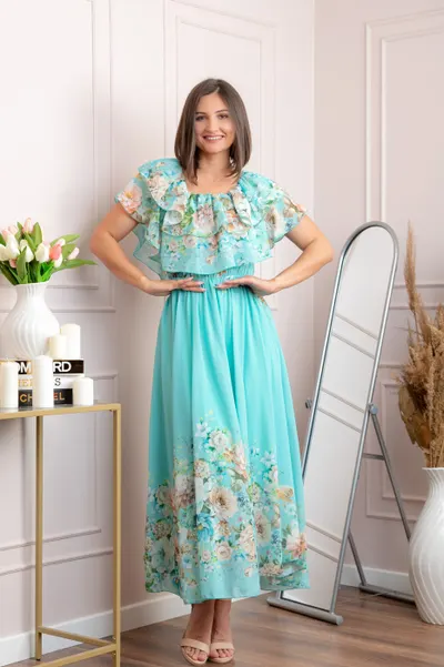 Rochie eleganta lunga Ayana cu imprimeri florale si volane ample - Turcoaz aqua