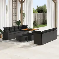 Set de canapea pentru gradina de 11 piese cu perne negru ratan poli acacia, set de mancare pentru gradina de 3 piese cu perne negru ratan poli acacia