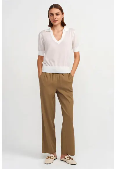 Pantaloni dama - picior larg - snur in talie - verde kaki - Tencel