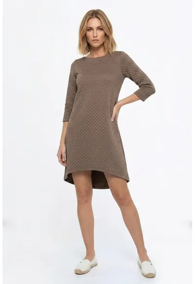 Rochie casual midi - croiala lejera - decolteu barcuta - maneca 3/4 - fara inchidere - stil clasic - M1363 - Bej