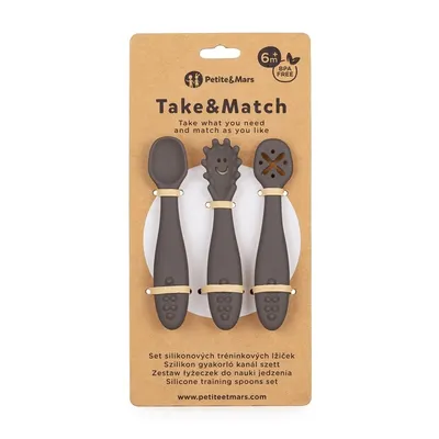 Set 3 lingurite PetiteMars Bitter Cocoa Maro TakeMatch din silicon, pentru supa, paste, alimente usoare, fara BPA, 6 luni+