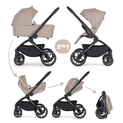 Carucior 2 in 1 pentru copii PetiteMars Scout Crem Cappuccino cu landou pliabil, reversibil, spatar si suport de picioare reglabile, maner ajustabil, accesorii, pana la 22 kg, 0 luni+