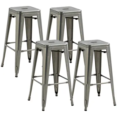 HOMCOM Set de 4 scaune de bar industriale empilabile înălțime șezut 76 cm metal argintiu | Aosom Romania