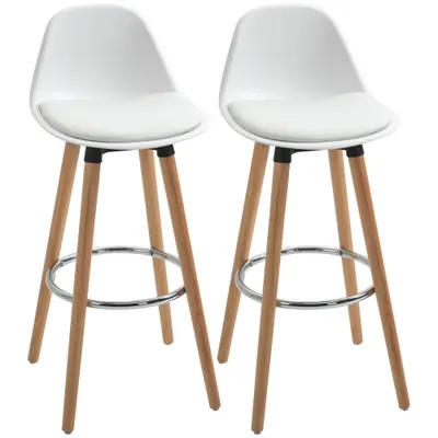 HOMCOM Set de 2 Scaune Înalte de Bar cu Spătar, Scaune Înalte cu Pernă și Pernițe pentru Picioare, 38,5x42,5x91 cm, Alb | Aosom Romania