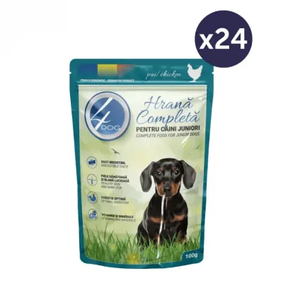 Set 24 buc x 100 gr Hrana umeda pentru caini 4Dog Junior cu pui
