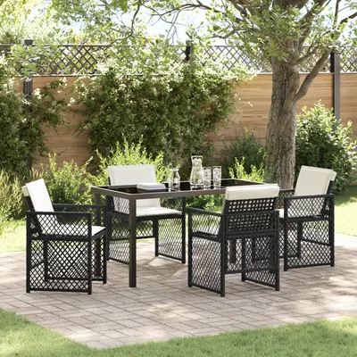 Set de dining pentru gradina Gossi 5 piese cu perne negru ratan poly, masa de gradina Gossi negru 140x80x73 cm sticla temperata