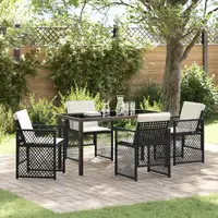 Set de dining pentru gradina Gossi 5 piese cu perne negru ratan poly, masa de gradina Gossi negru 140x80x73 cm sticla temperata