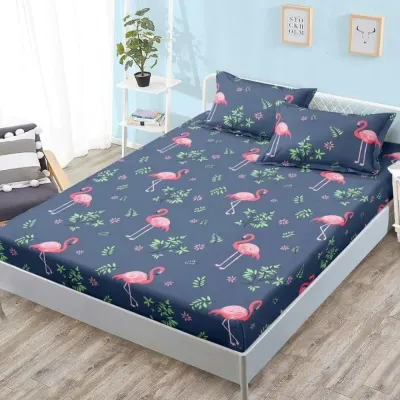 Cearsaf cu Elastic, Bumbac Satinat, 180x200 cm + 2 Fete de Perna 50x70 cm, Bleumarin, Flamingo