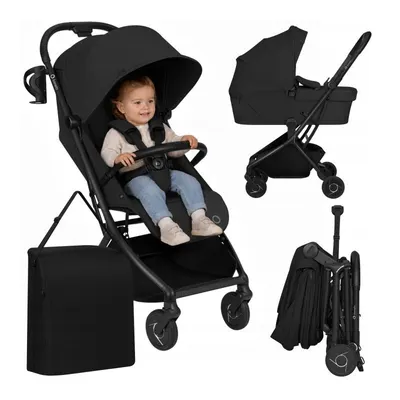 Carucior 2 in 1, Lionelo, Sia Flex, 7.6 kg, Include landou pliabil pe cadru, Ultracompact, Pliere rapida cu o mana, Copertina UPF50+, Cu accesorii incluse, 0-48 luni, Sustine 22 kg, Negru