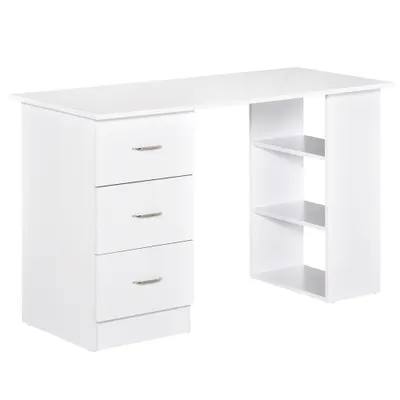 HOMCOM Birou modern alb cu 3 Sertare si Rafturi in Lemn 120x49x72cm