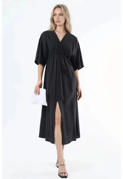 Rochie midi - decolteu in V - maneci trei sferturi - negru - poliester