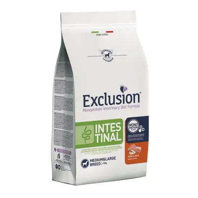 EXCLUSION Monoprotein VD Intestinal Medium&Large M-XL, Porc și Orez, dietă veterinară, hrană uscată câini, sistem digestiv, 12kg