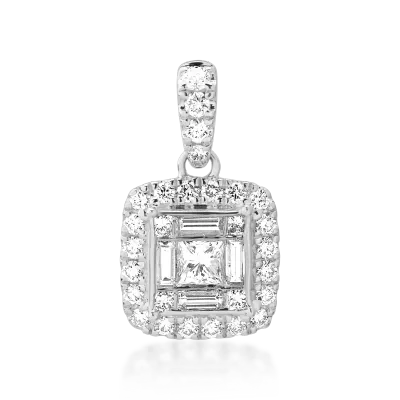 Pandantiv din aur alb cu diamante princess, baguette si rotunde de 0.63ct