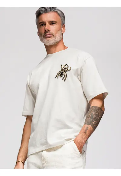 Tricou barbati loose fit cu aplicatie decorativa paianjen - decolteu rotund - mansete scurte OM-TSCT-0277 - Alb murdar