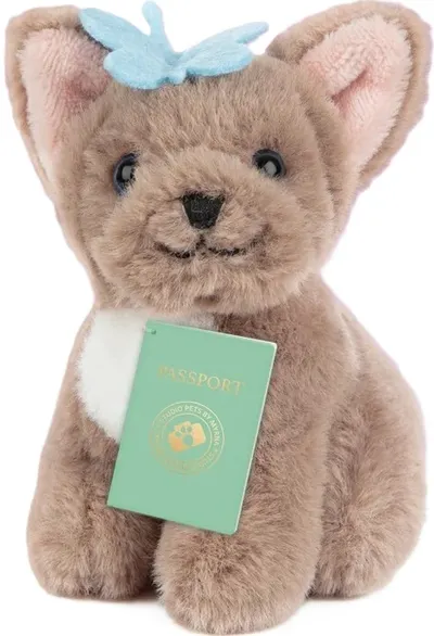 Jucărie de pluș Studio Pets - Câine Bibi cu servietă, pașaport și autocolante, 8 cm