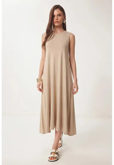 Rochie midi - Happiness Istanbul - A-Line - cu buzunar - bej natural - bumbac/elastan