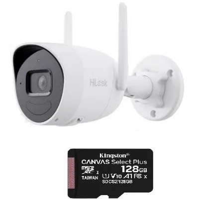 Camera Wifi Hikvision HiLook 2MP, lentila 2.8mm, IR 30m, microfon, difuzor, IP66 cu card 128GB inclus