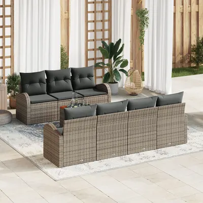 Set canapea gradina Gossi 8 piese cu perne gri din ratan poli acacia, canapea gradina Gossi 2 locuri cu storage & perne gri din ratan poli