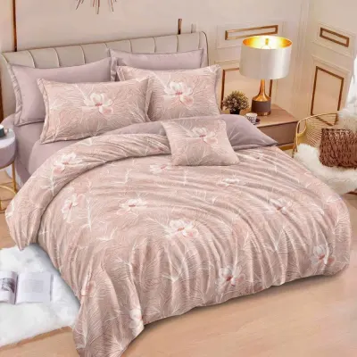 Lenjerie pat dublu cu ELASTIC, Finet, 6 piese, Roz Pudra, flori
