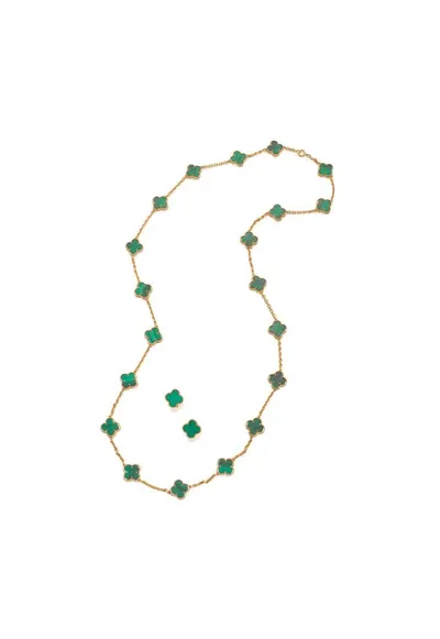 Set Bijuterii Alhambra - colier si cercei - verde - placat cu aur de 14K - pietre semipretioase