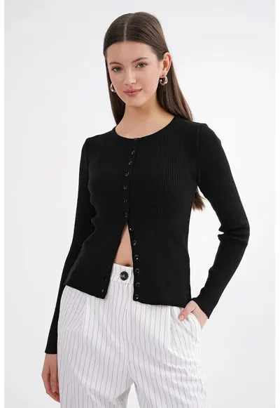 Cardigan tricotat - slim fit - negru - cu nasturi