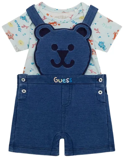 Set de 2 piese Guess - Salopetă cu ursuleț și tricou, albastru, 6-9 luni