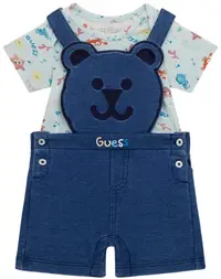 Set de 2 piese Guess - Salopetă cu ursuleț și tricou, albastru, 6-9 luni