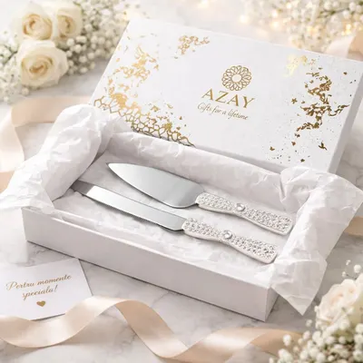 Set tort nuntă AZAY cu cristale – cuțit 32 cm și spatulă 26 cm, set servire tort elegant, accesorii nuntă, cadou premium femei