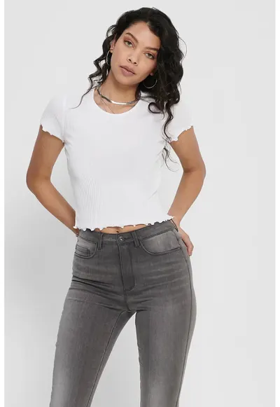 Tricou crop cu croiala slim-fit si aspect striat - Alb