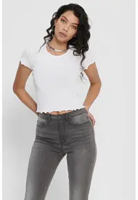 Tricou crop cu croiala slim-fit si aspect striat - Alb