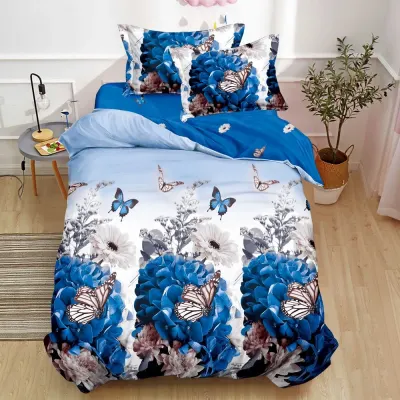 Lenjerie pat 1 PERSOANA, FINET, 4 piese, Alb, Albastru, fluturi, flori