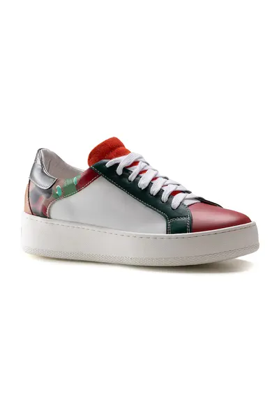 Pantofi sport colorblock de piele - Rosu/Alb/Verde inchis