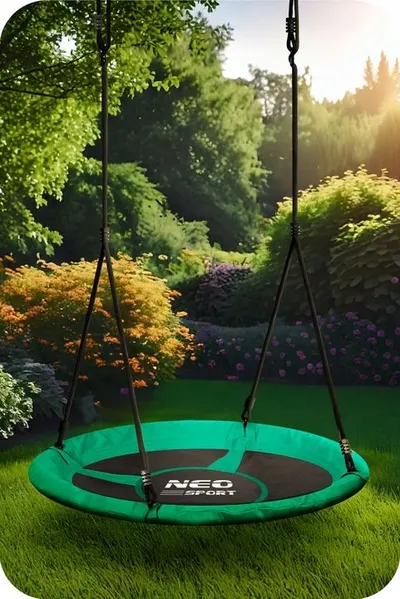 Leagan tip cuib pentru copii Neo-Sport Swingo 100 cm Verde cu Cadru din otel, Husa impermeabila si rezistenta Oxford 600D, Greutate suportata 150kg