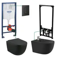 Set vas wc cu bideu negru suspendat Minerva, rezervor incastrat plus clapeta