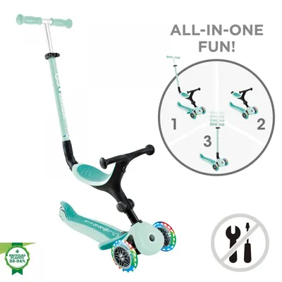 Trotineta 3 in 1 pentru copii Globber Go Up Active Verde, cu maner de impins, scaun si ghidon ajustabile, roti cu lumini LED