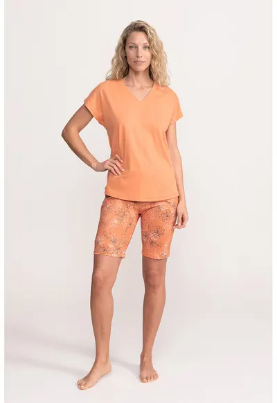Pijama cu pantaloni sucrti si imprimeu floral Narcisa - Portocaliu