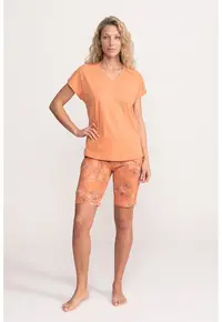 Pijama cu pantaloni sucrti si imprimeu floral Narcisa - Portocaliu