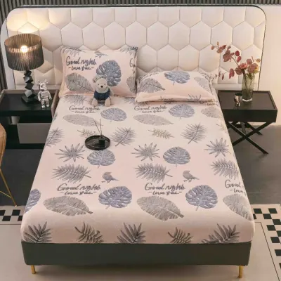 Cearsaf CoCoLiNo, JoJo Home, cu Elastic, 180x200x25cm, 2 fete de perne, 50x70cm, Crem, Gri, frunze