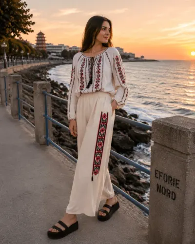 Pantaloni albi cu broderie rosie