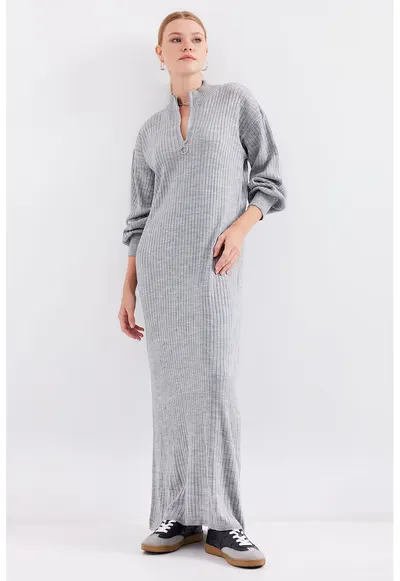 Rochie dama - HiCCUP - guler inalt cu fermoar - tricot - gri