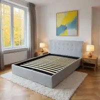 Pat tapitat cu material textil, 160 x 200, cu somiera rabatabila si lada depozitare, Culoare Gri, Kurt
