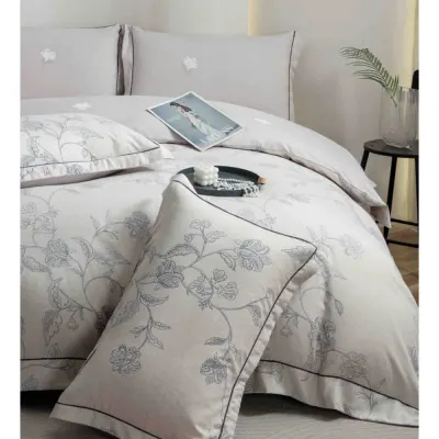 Lenjerie pat dublu, FINET DeLuxe, 6 piese, cu ELASTIC, Jojo Home, Cutie Eleganta, Grej, Bleu, Flori