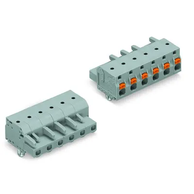 1-conductor female plug; push-button; Snap-in mounting feet; 2.5 mm²; Pin spacing 7.5 mm; 5-pole; 2,50 mm²; gray