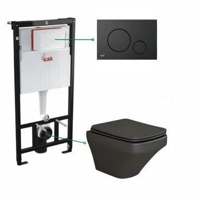 Set vas wc suspendat negru mat,rimless, Foglia Bristol si rezervor incastrat cu clapeta de actionare neagra, Alcadrain