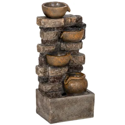 Outsunny Fântână de grădină cu iluminare LED pompă fântână decorativă în cascadă cu 5 niveluri flux reglabil maro rustic | Aosom Romania